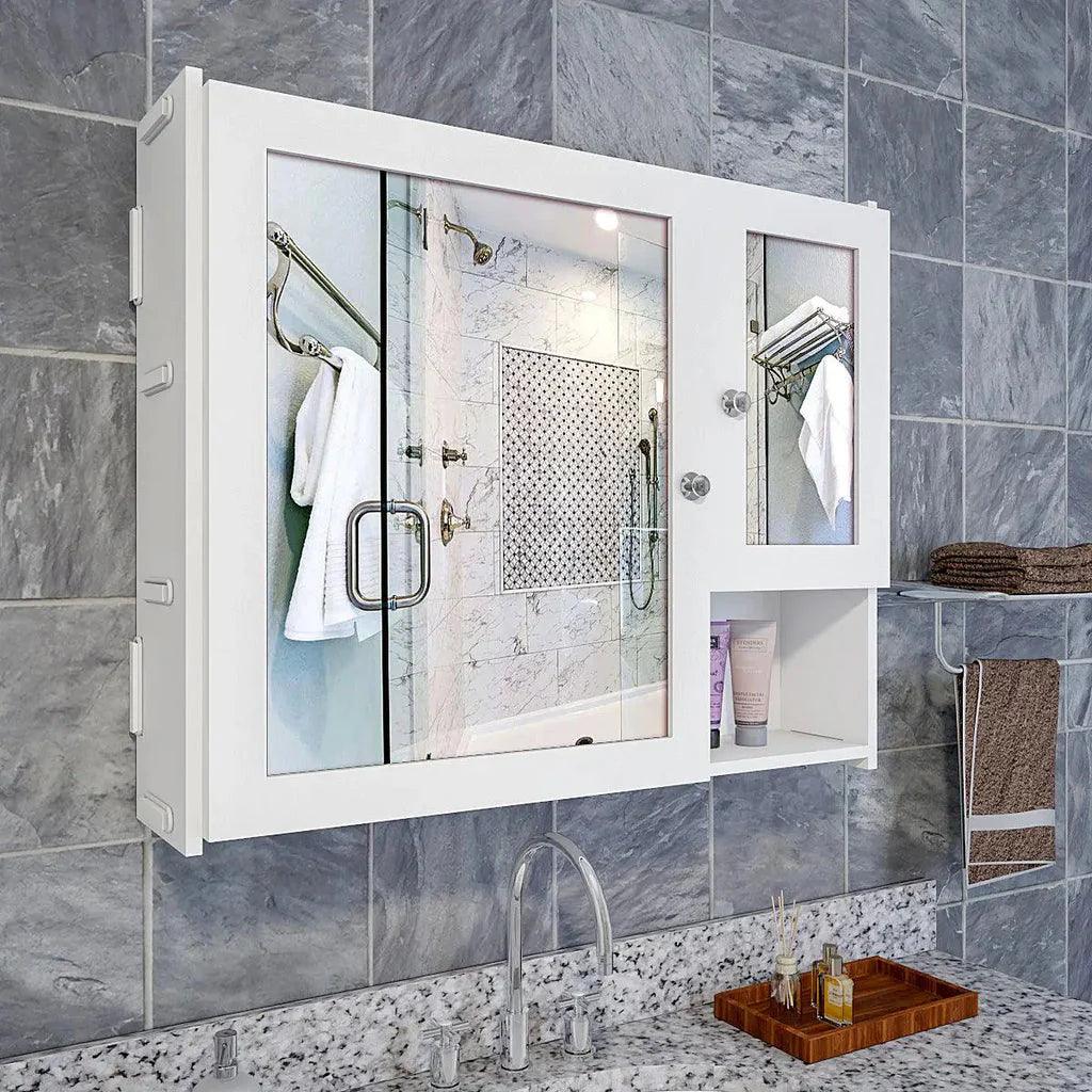 Sturdy Premium Wooden Bathroom Storage Cabinet with Mirrors & 5 Spacious Shelves with White Finish - Decor Mantra 