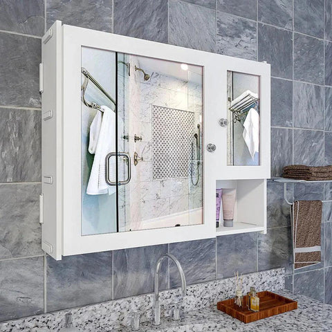 Sturdy Premium Wooden Bathroom Storage Cabinet with Mirrors & 5 Spacious Shelves with White Finish - Decor Mantra 