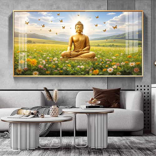 Buddha In Peaceful Nature Glass Finish Horizontal Wall Art