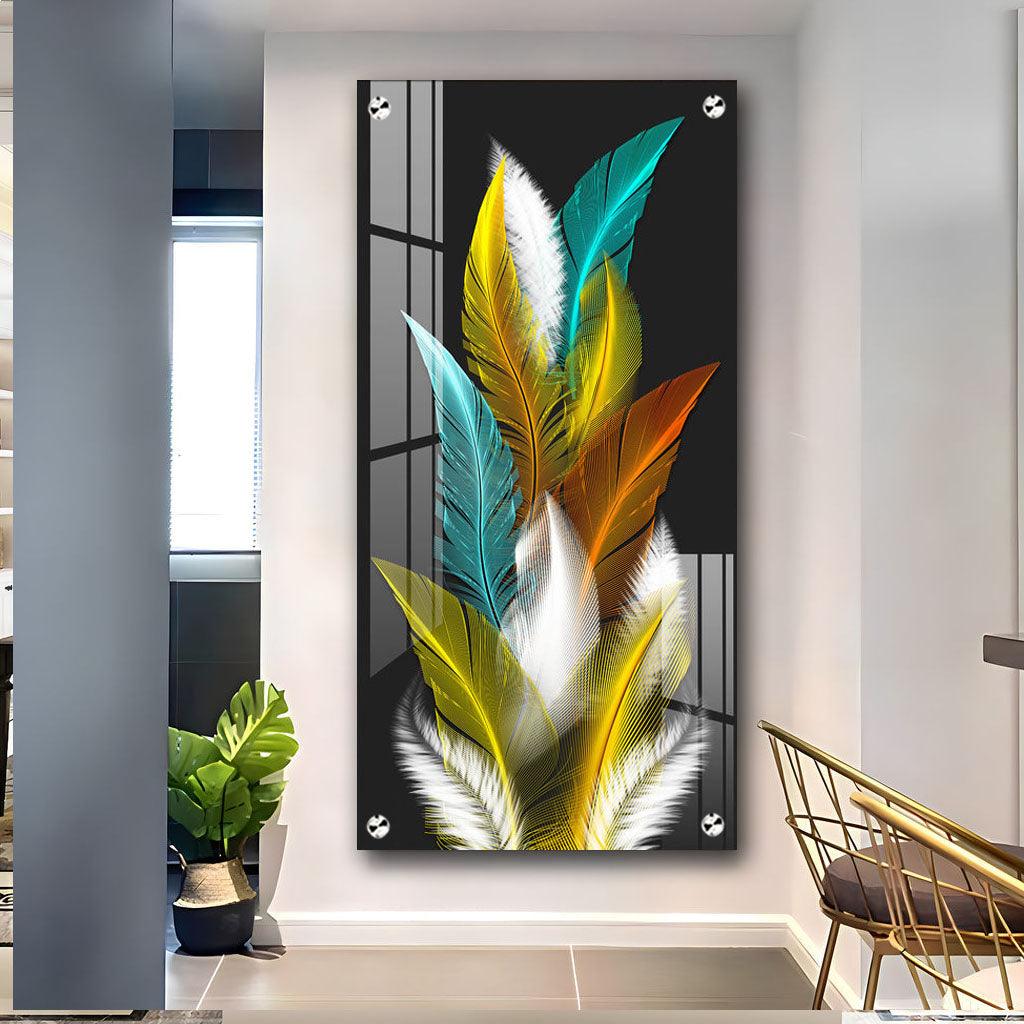 Sparkling Feathers Vertical Wall Art in Premium Acrylic - Decor Mantra 
