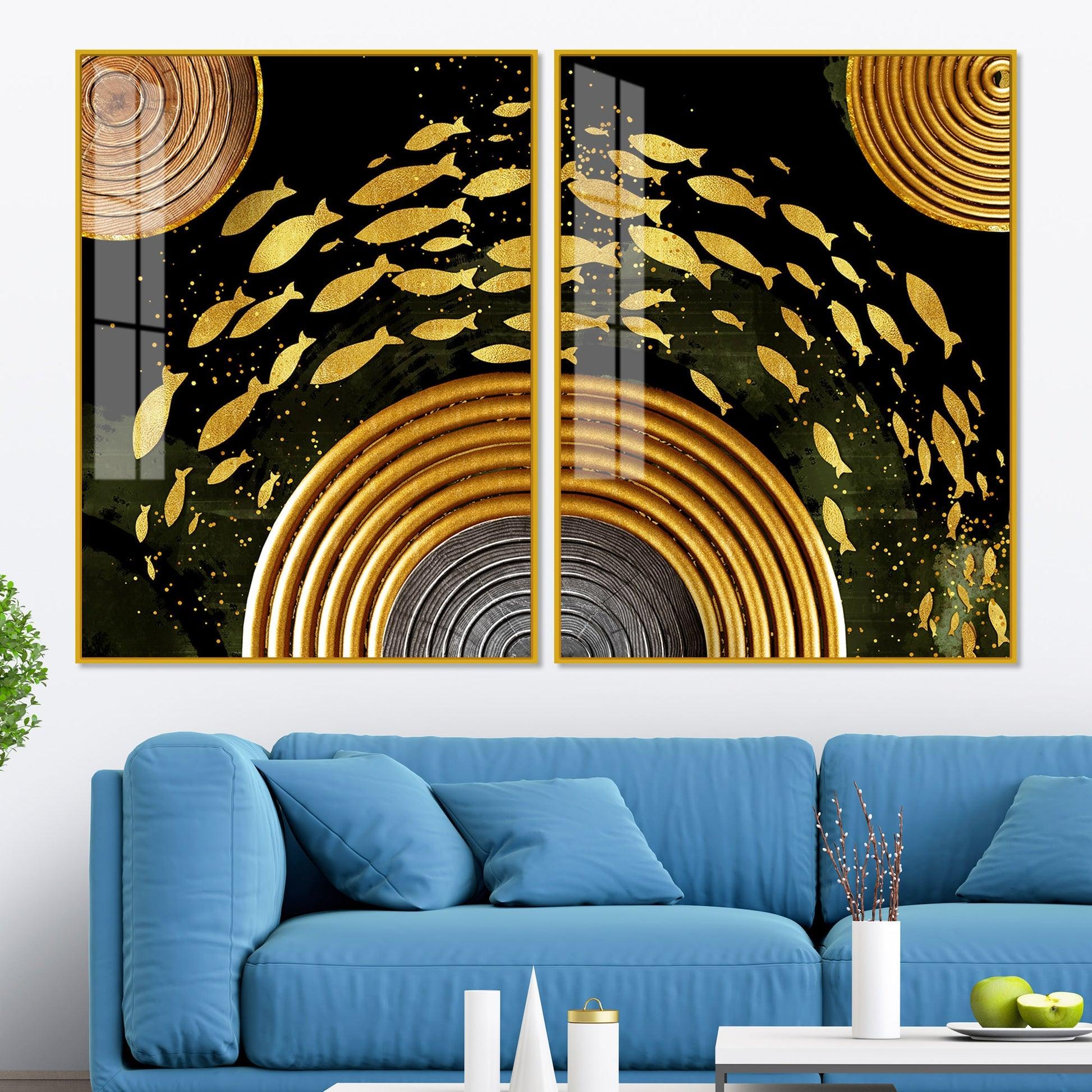 Golden Fishes Acrylic Floating Wall Painting Set of 2 - Decor Mantra 