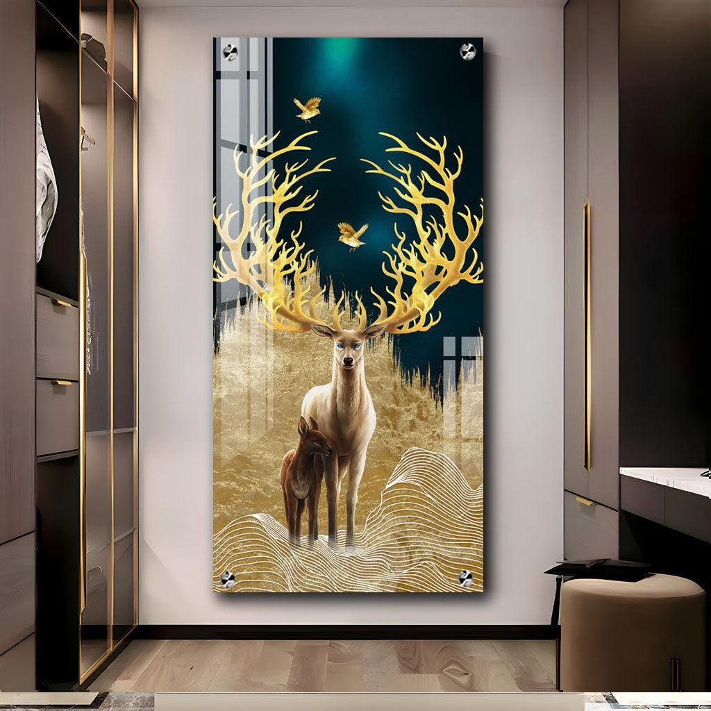 Graceful Deer with Golden Antlers Premium Acrylic Vertical Wall Art - Decor Mantra 