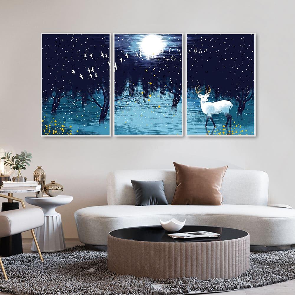 Beautiful White Deer in Full Moon Night Floating Canvas Wall Painting Set of Three - Decor Mantra 
