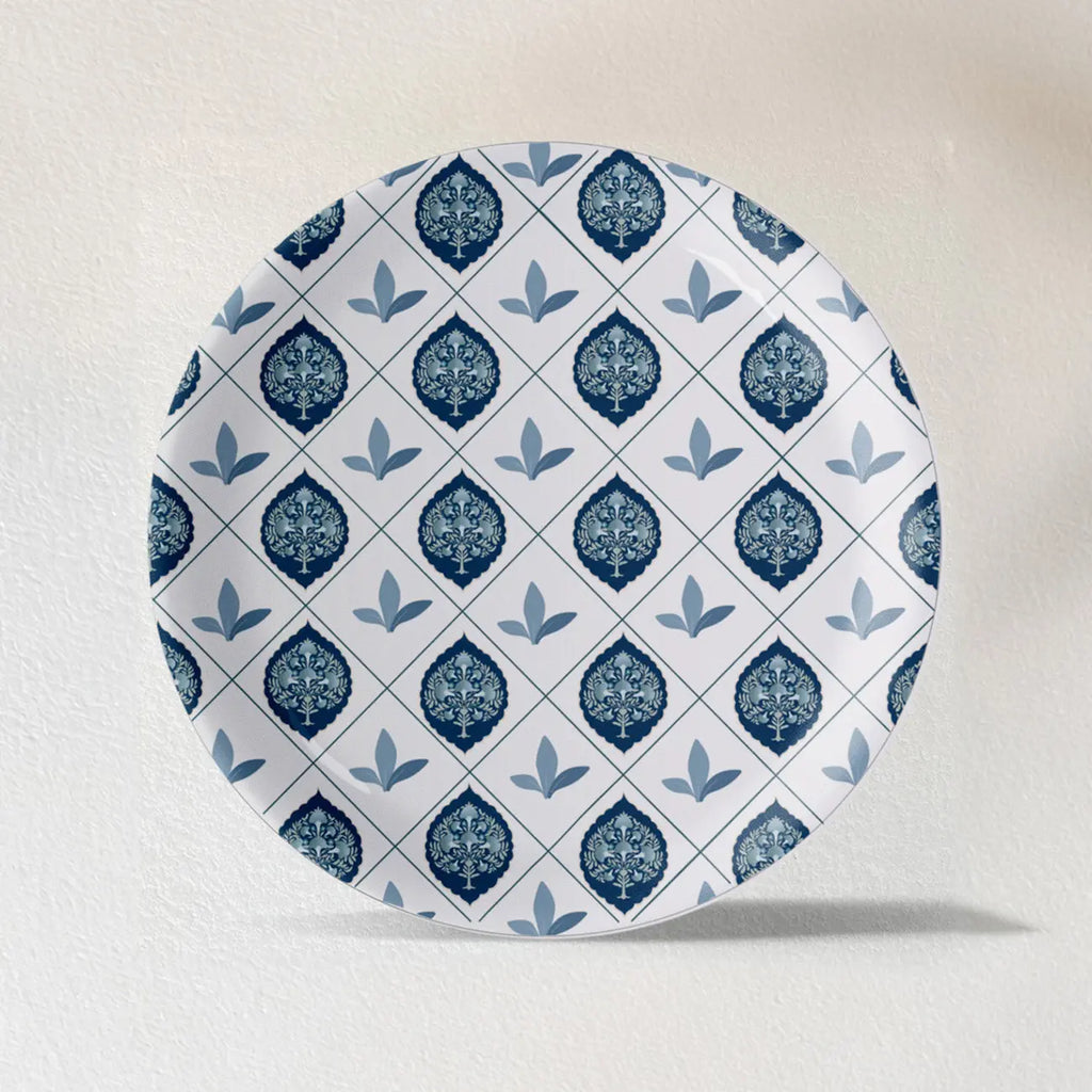 Elegant Blue and White Plate Blue Pottery Inspired symmetry tree floral plate - Harshita Craft