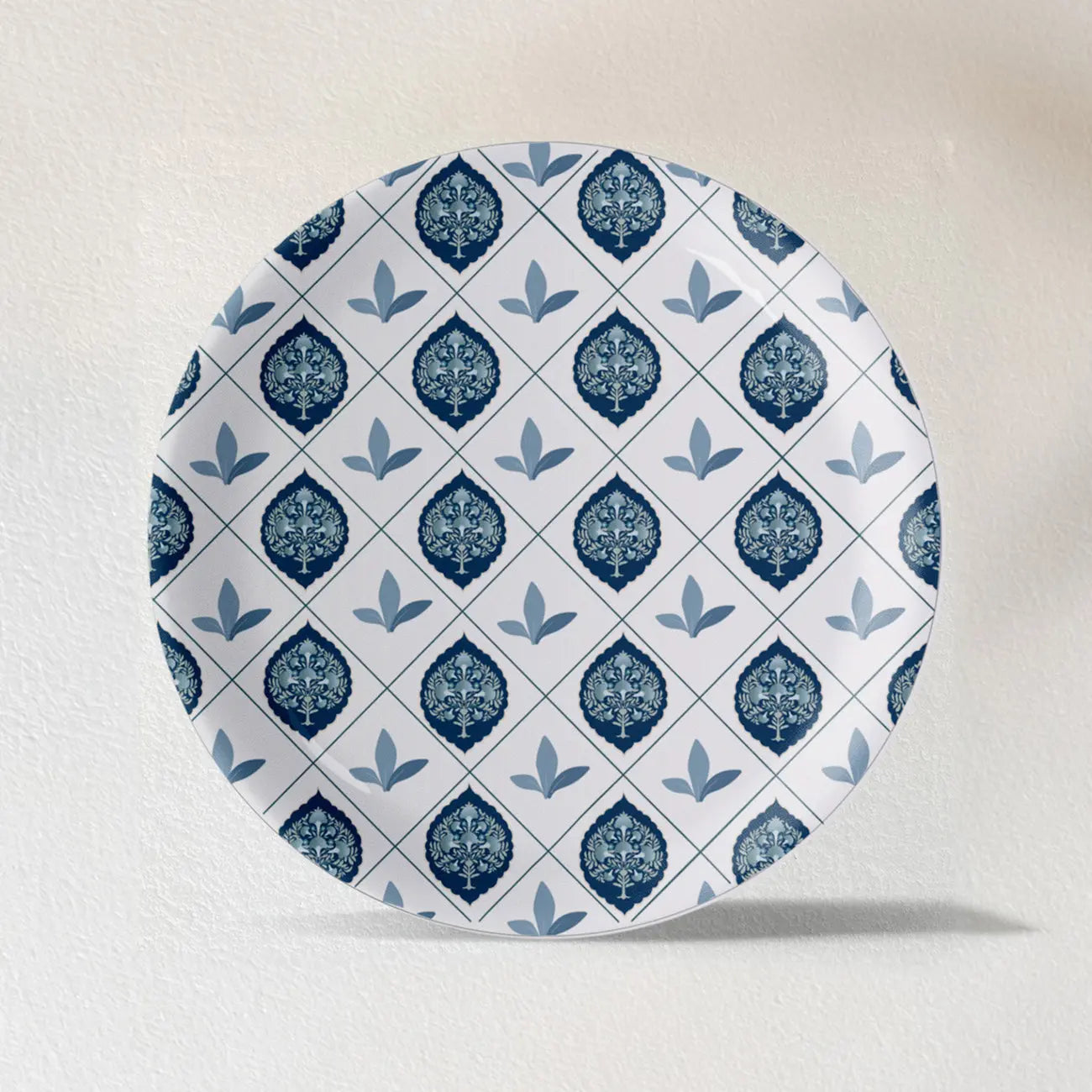 Elegant Blue and White Plate Blue Pottery Inspired symmetry tree floral plate - Harshita Craft