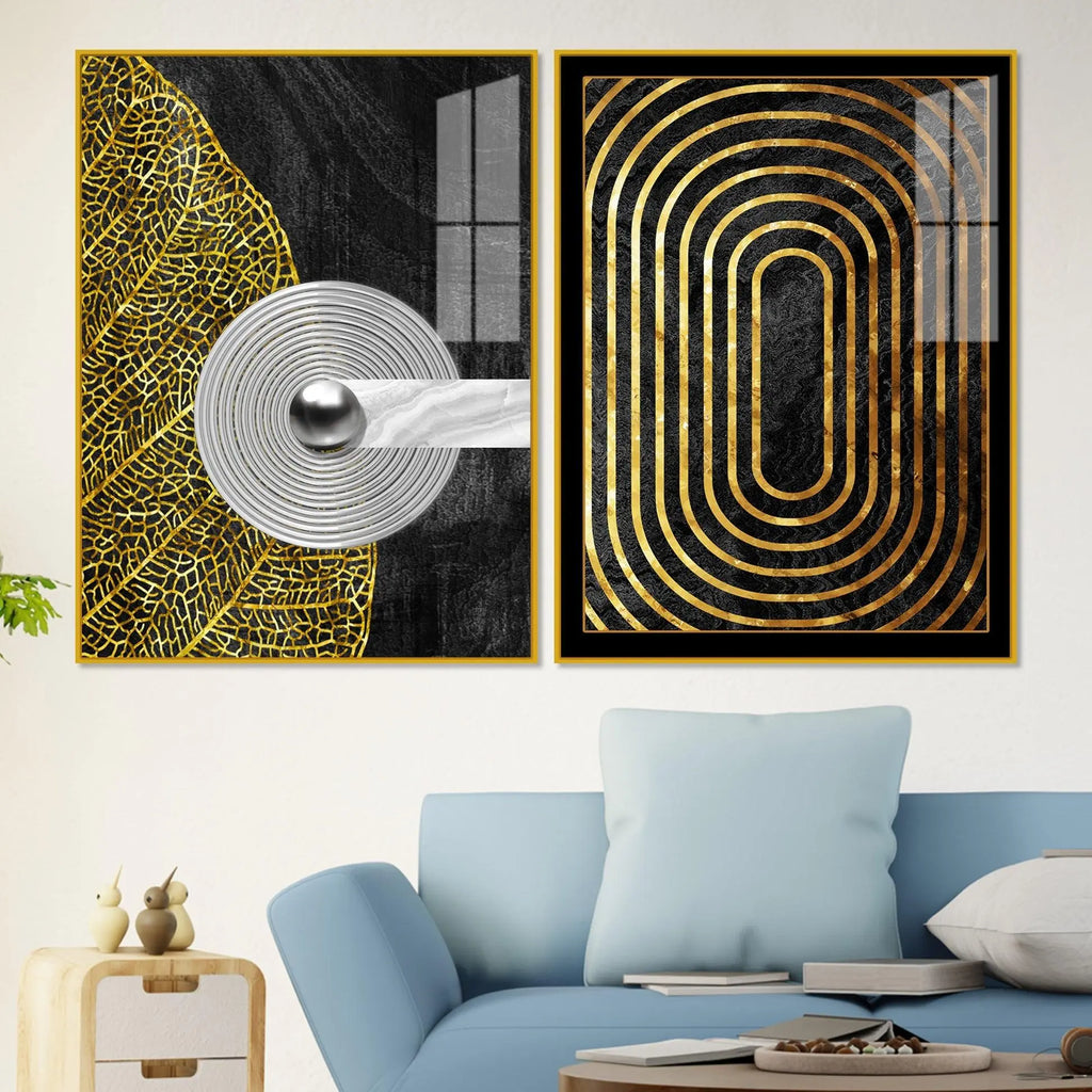 Modern Nordic Black and Golden Acrylic Floating Wall Painting Set Of 2 - Decor Mantra 