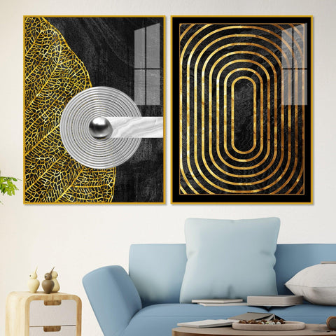 Modern Nordic Black and Golden Acrylic Floating Wall Painting Set Of 2 - Decor Mantra 