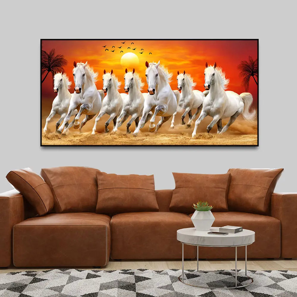 Seven Horses Running at Sunrise Premium Canvas Wall Painting Decor Mantra