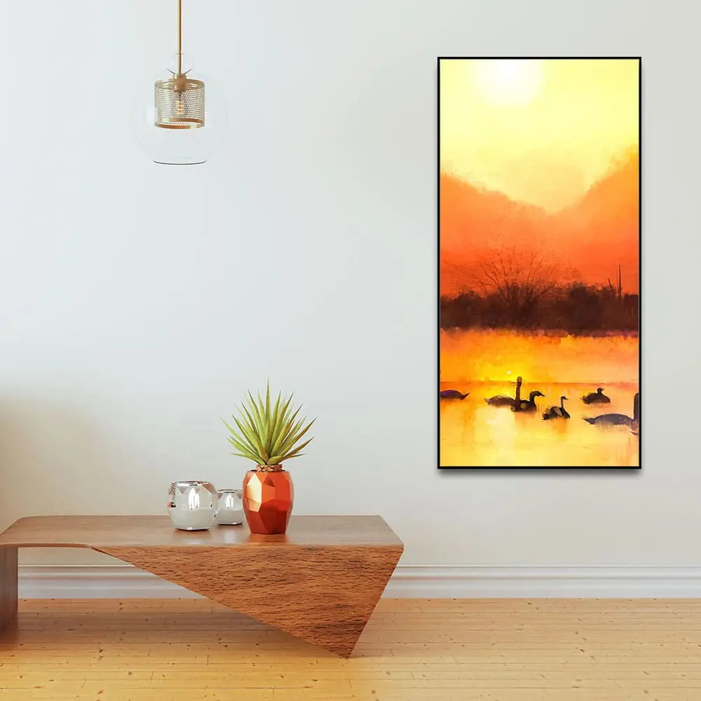 Swans in Lake at Sunset Canvas Wall Painting Decor Mantra