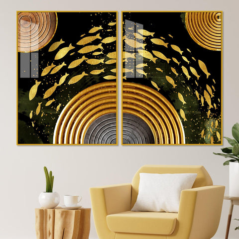 Golden Fishes Acrylic Floating Wall Painting Set of 2 - Decor Mantra 