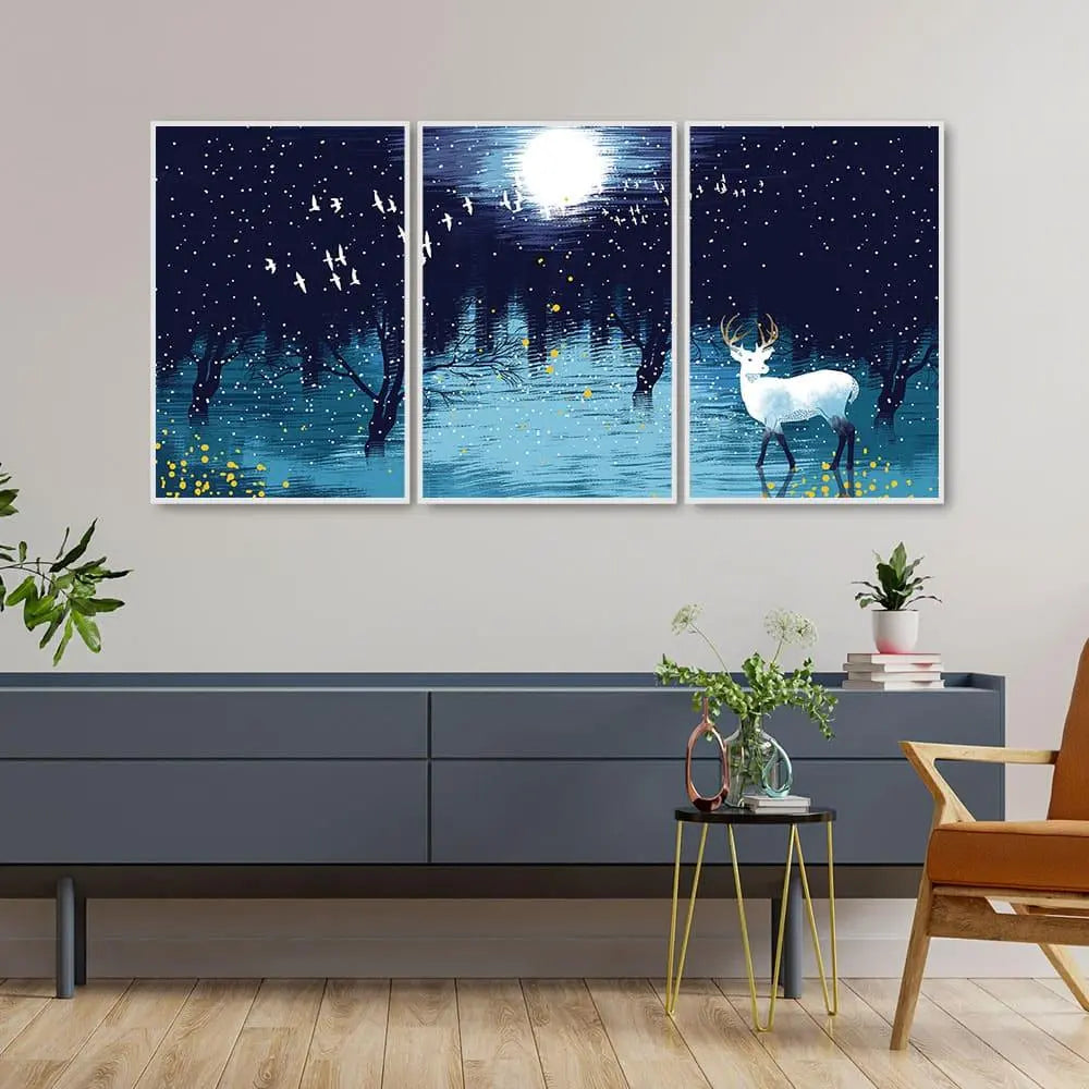 Beautiful White Deer in Full Moon Night Floating Canvas Wall Painting Set of Three - Decor Mantra 