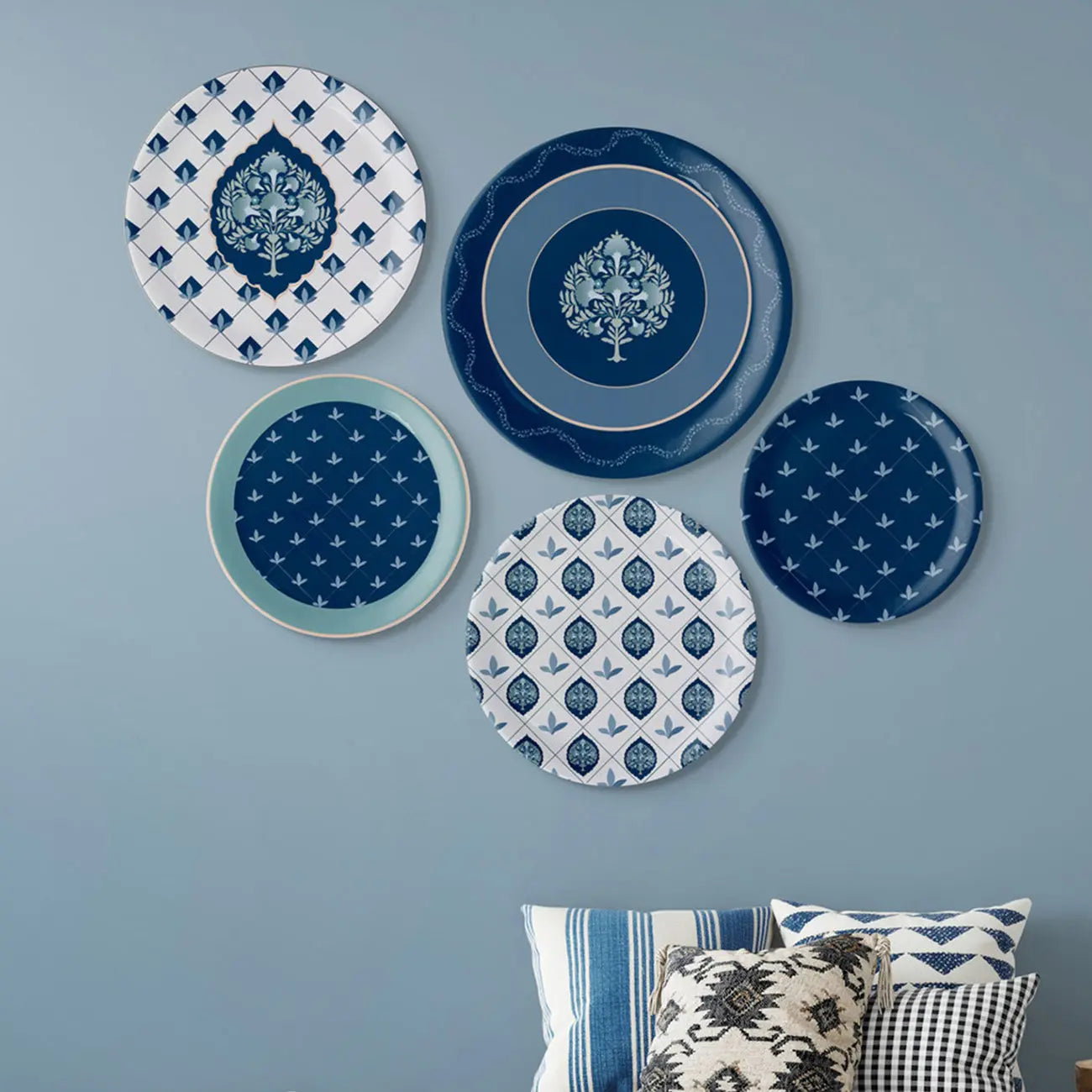 Elegant Blue and White Plate Blue Pottery Inspired symmetry tree floral plate - Harshita Craft