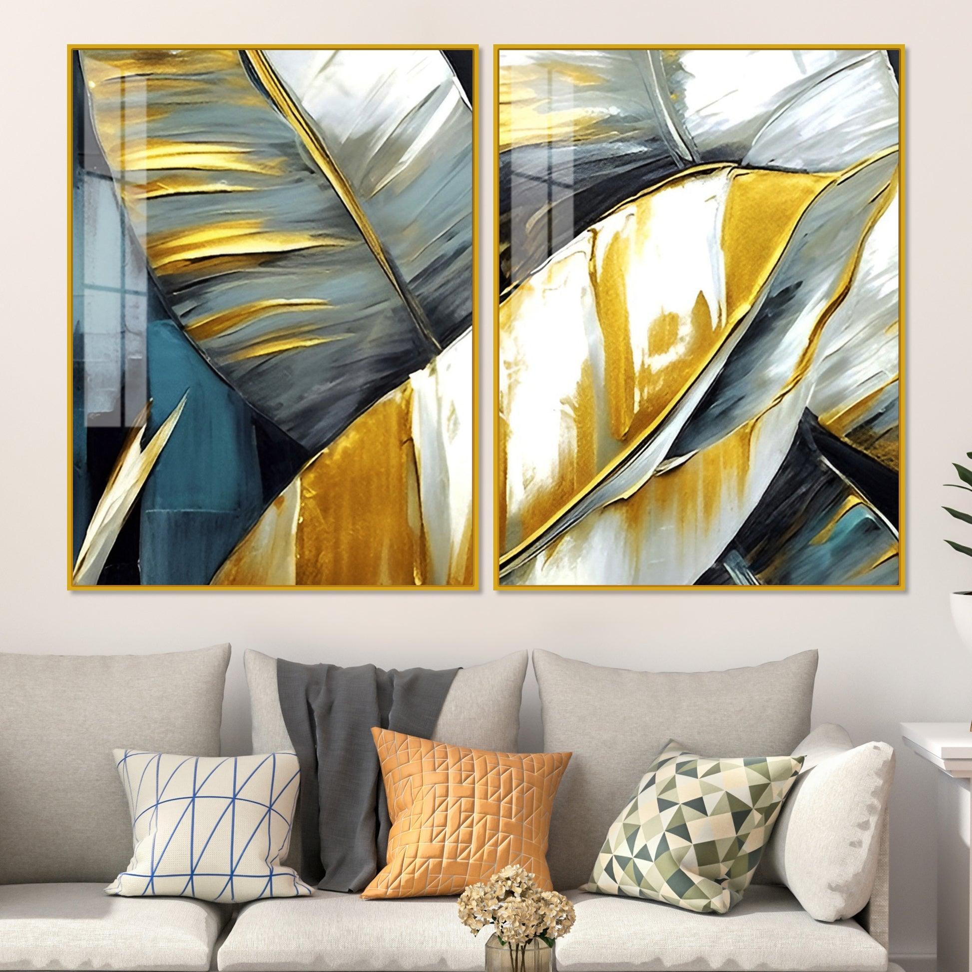 Golden Abstract Art Acrylic Floating Wall Painting Set of 2 - Decor Mantra 