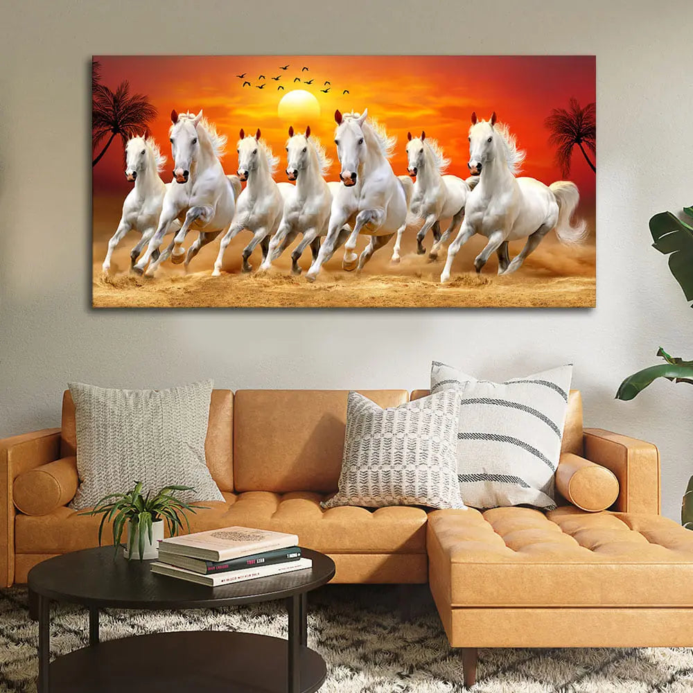 Seven Horses Running at Sunrise Premium Canvas Wall Painting Decor Mantra