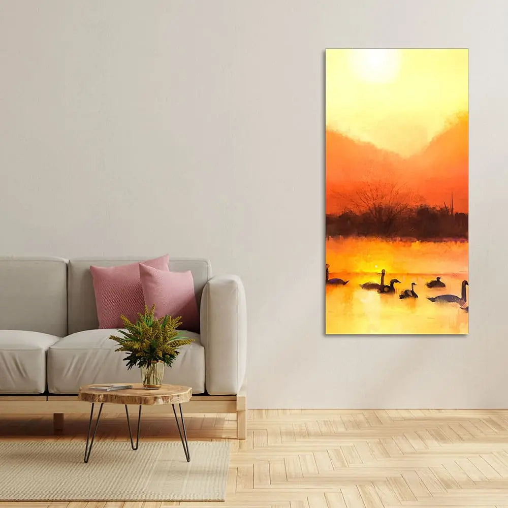 Swans in Lake at Sunset Canvas Wall Painting Decor Mantra
