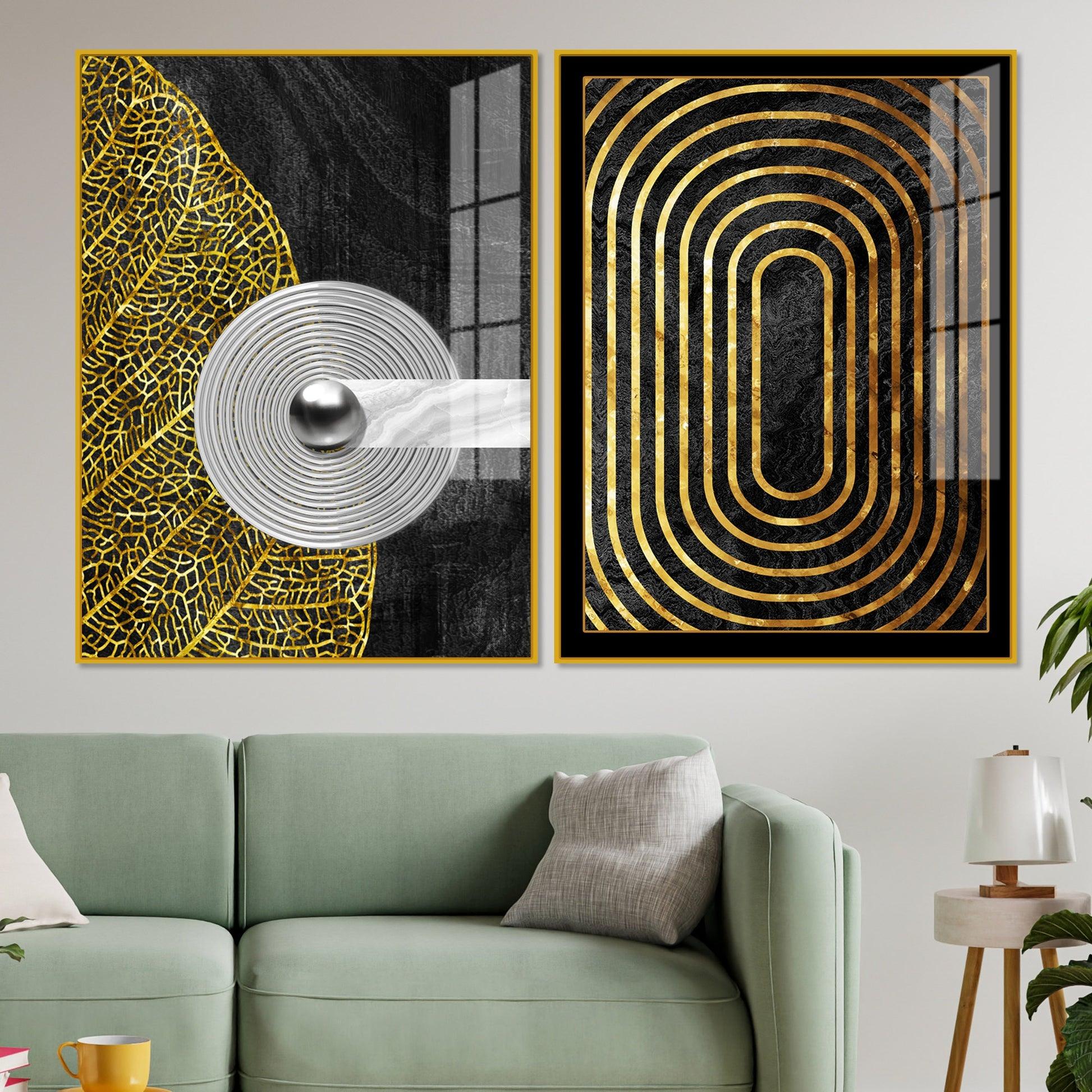 Modern Nordic Black and Golden Acrylic Floating Wall Painting Set Of 2 - Decor Mantra 