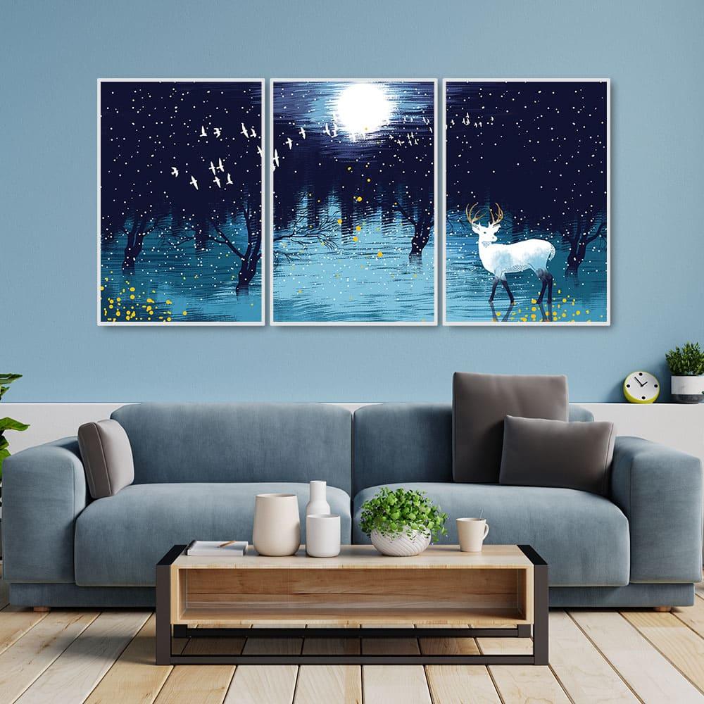 Beautiful White Deer in Full Moon Night Floating Canvas Wall Painting Set of Three - Decor Mantra 