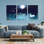 Beautiful White Deer in Full Moon Night Floating Canvas Wall Painting Set of Three - Decor Mantra 