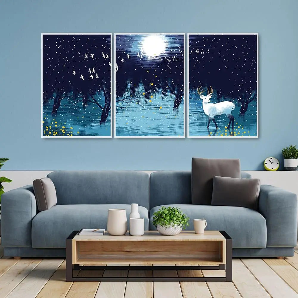 Beautiful White Deer in Full Moon Night Floating Canvas Wall Painting Set of Three - Decor Mantra 