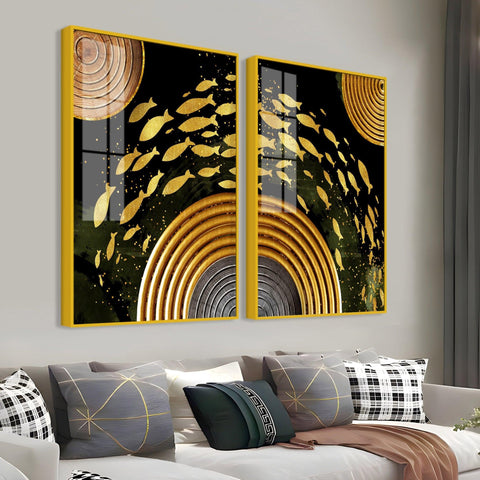 Golden Fishes Acrylic Floating Wall Painting Set of 2 - Decor Mantra 