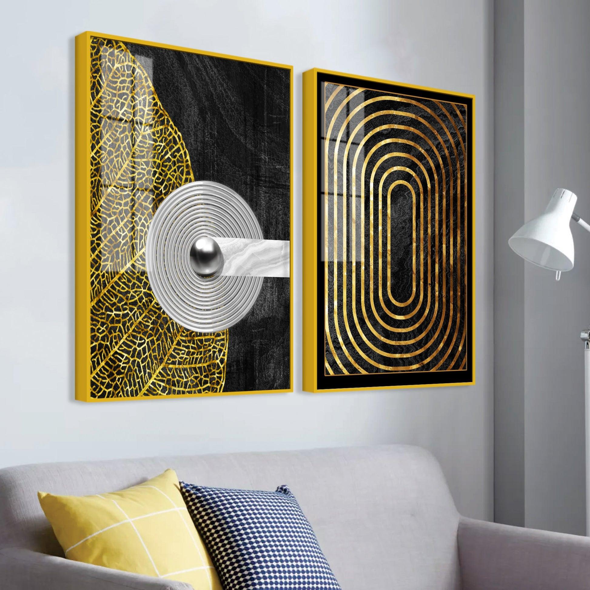 Modern Nordic Black and Golden Acrylic Floating Wall Painting Set Of 2 - Decor Mantra 