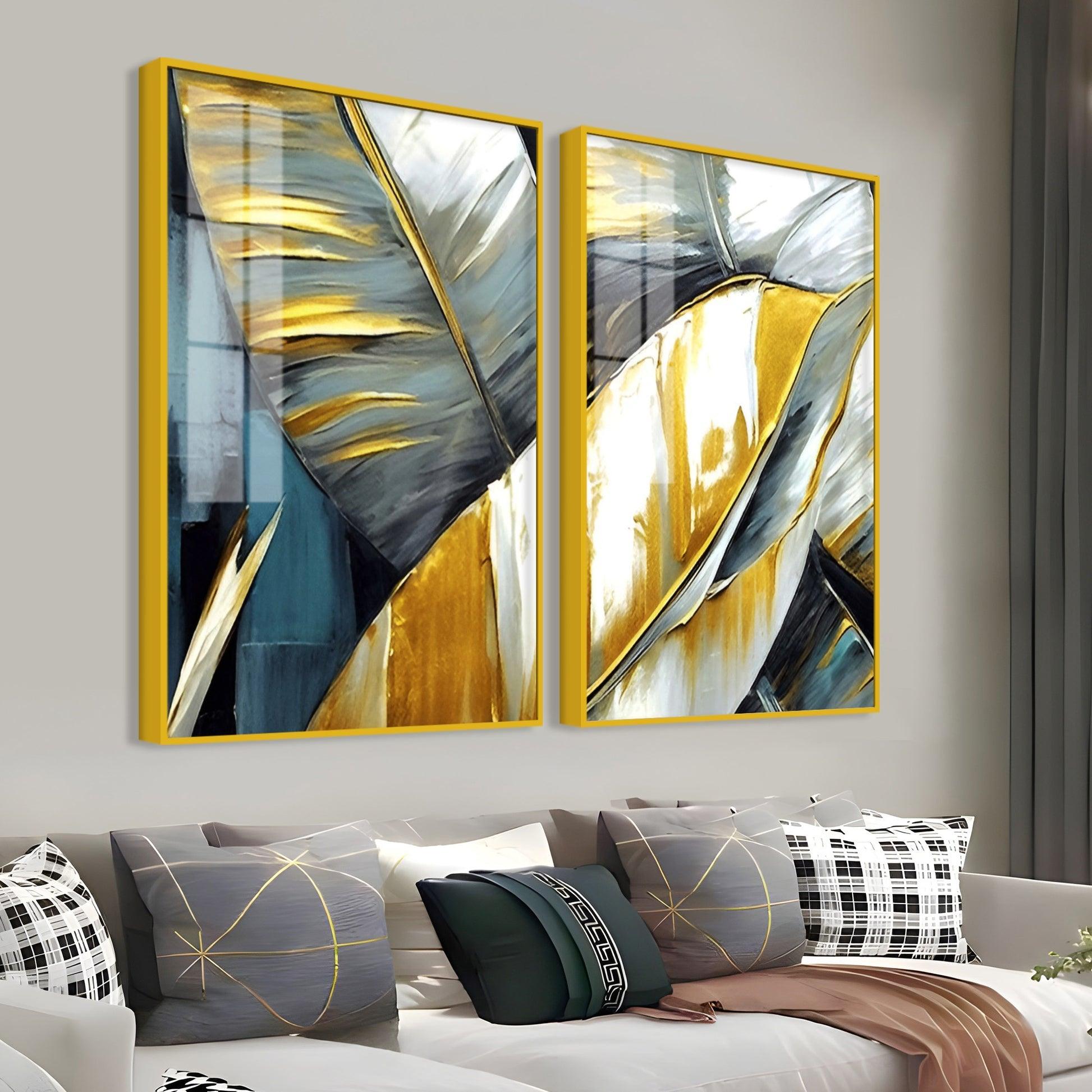Golden Abstract Art Acrylic Floating Wall Painting Set of 2 - Decor Mantra 