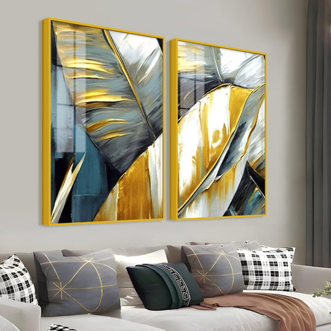 Golden Abstract Art Acrylic Floating Wall Painting Set of 2 - Decor Mantra 
