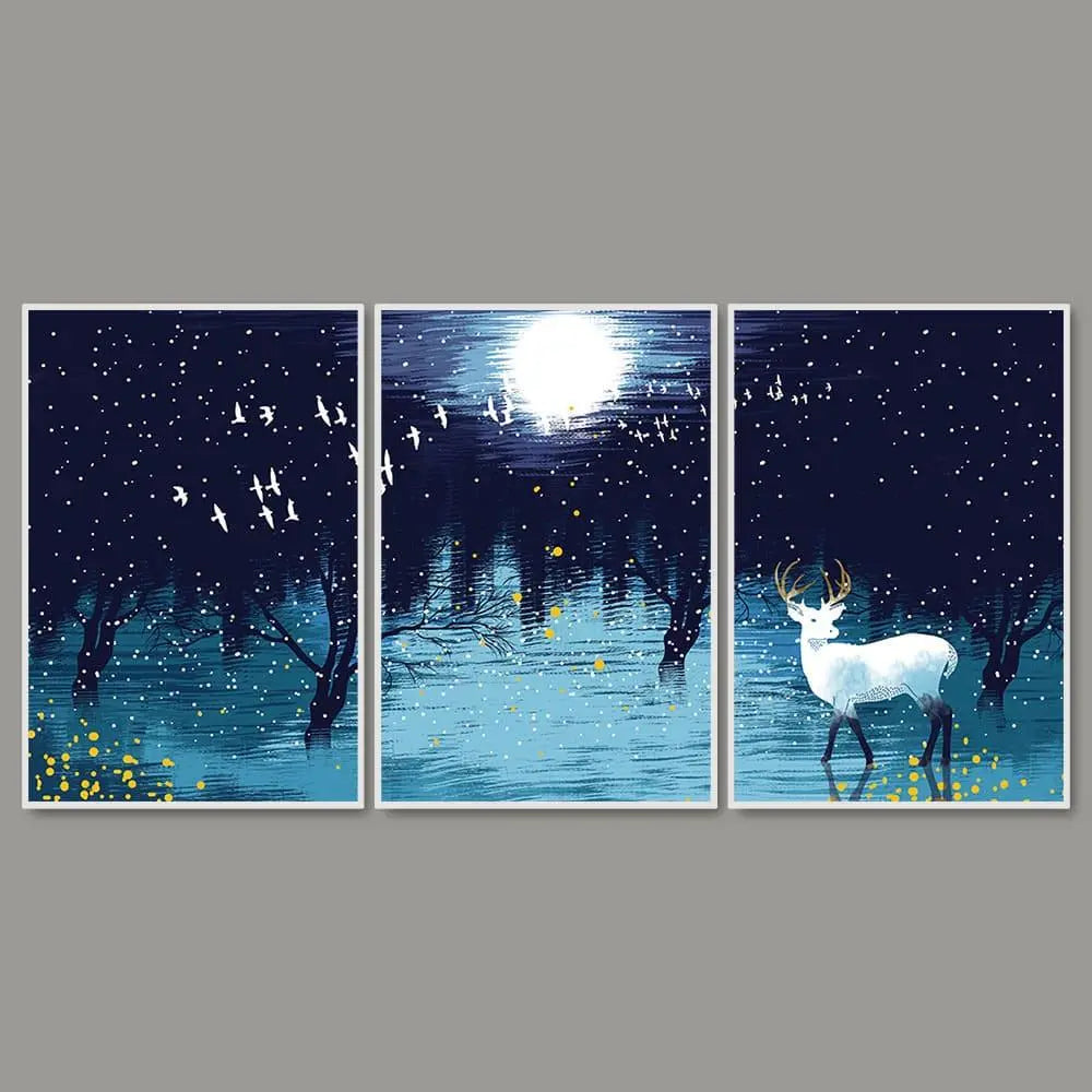 Beautiful White Deer in Full Moon Night Floating Canvas Wall Painting Set of Three - Decor Mantra 