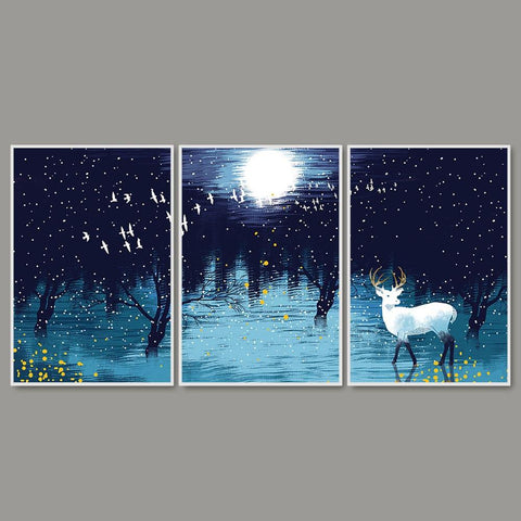 Beautiful White Deer in Full Moon Night Floating Canvas Wall Painting Set of Three - Decor Mantra 