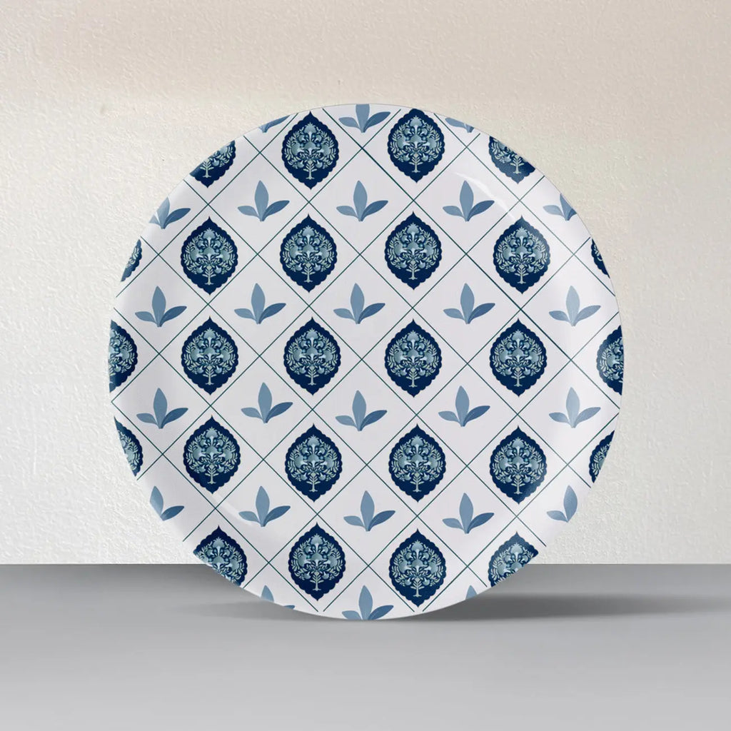 Elegant Blue and White Plate Blue Pottery Inspired symmetry tree floral plate - Harshita Craft