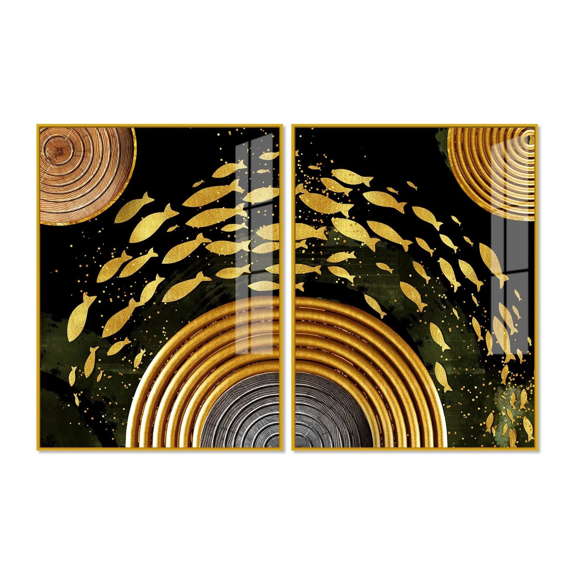 Golden Fishes Acrylic Floating Wall Painting Set of 2 - Decor Mantra 