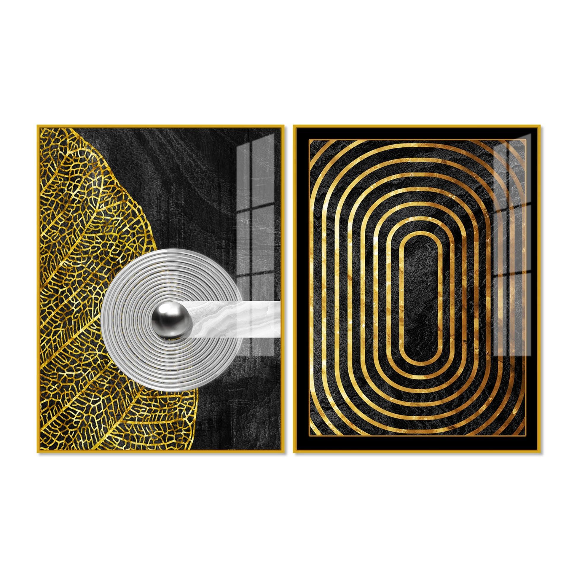 Modern Nordic Black and Golden Acrylic Floating Wall Painting Set Of 2 - Decor Mantra 