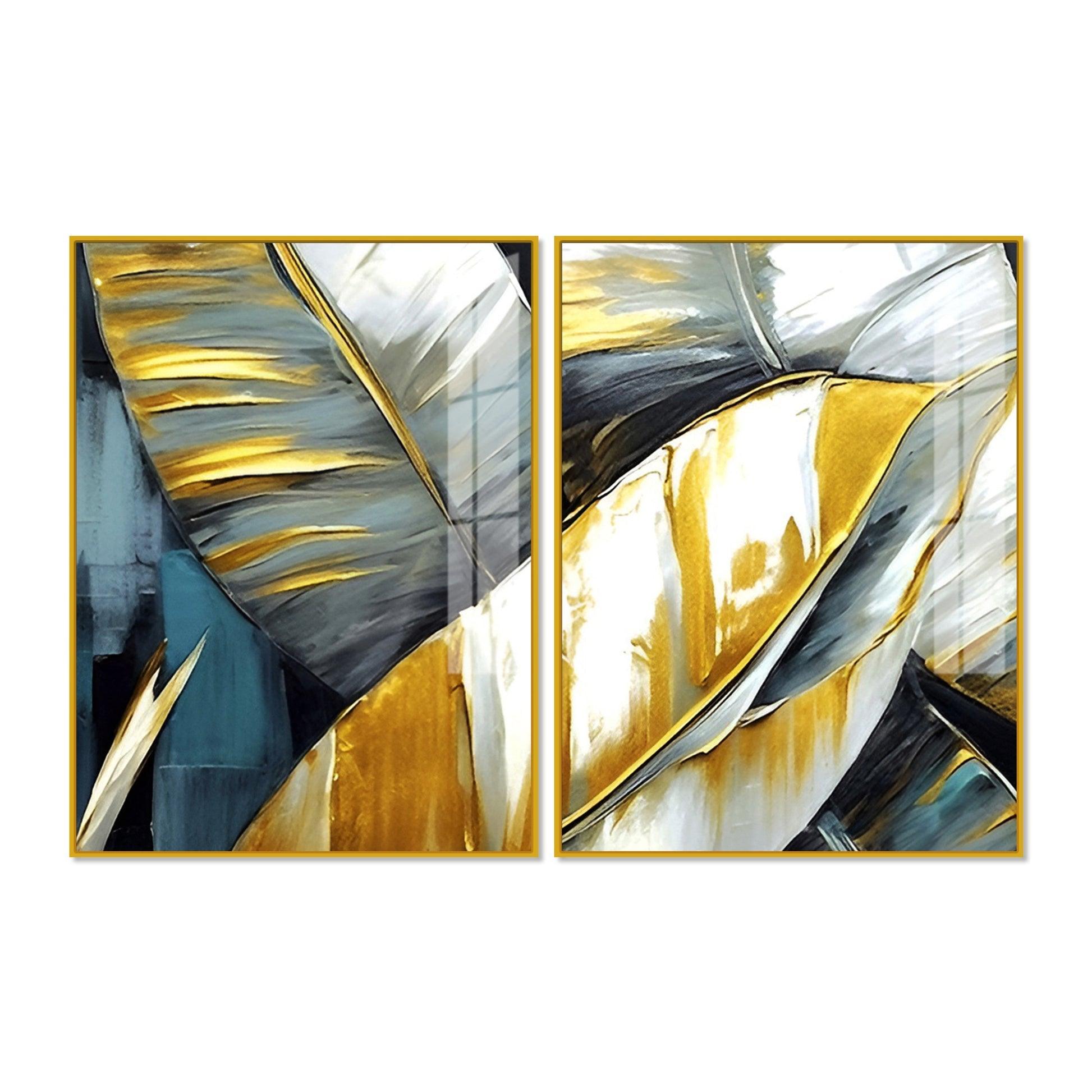 Golden Abstract Art Acrylic Floating Wall Painting Set of 2 - Decor Mantra 