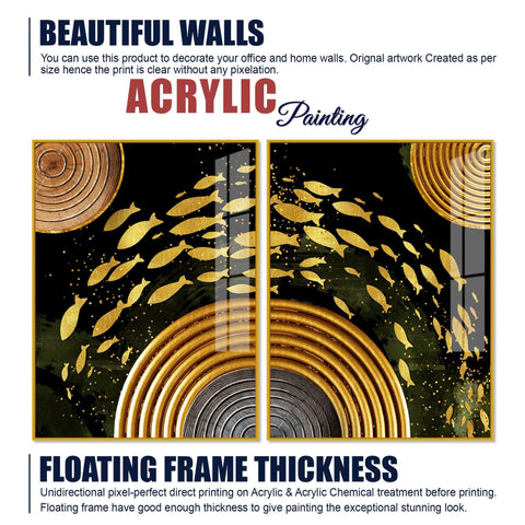 Golden Fishes Acrylic Floating Wall Painting Set of 2 - Decor Mantra 