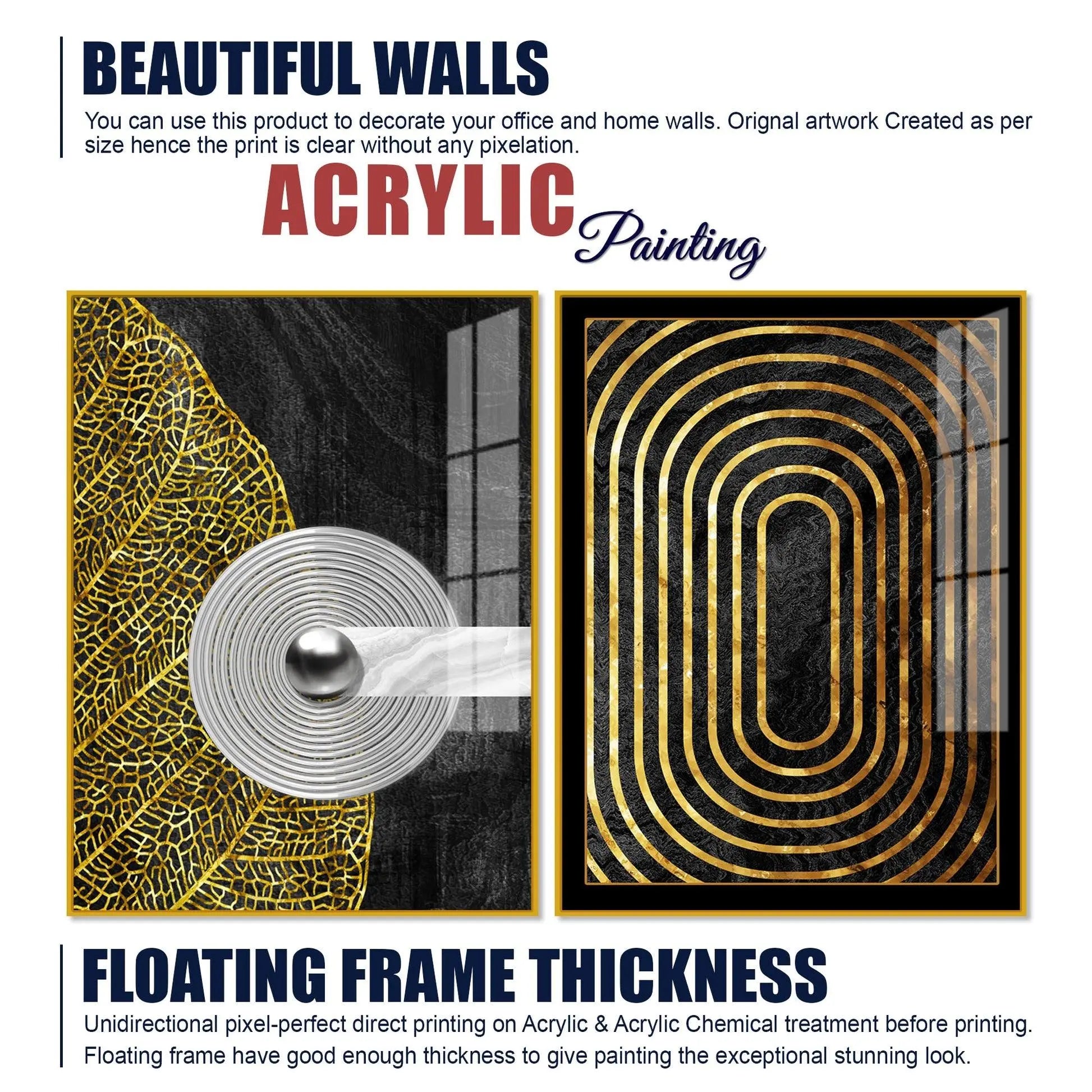 Modern Nordic Black and Golden Acrylic Floating Wall Painting Set Of 2 - Decor Mantra 