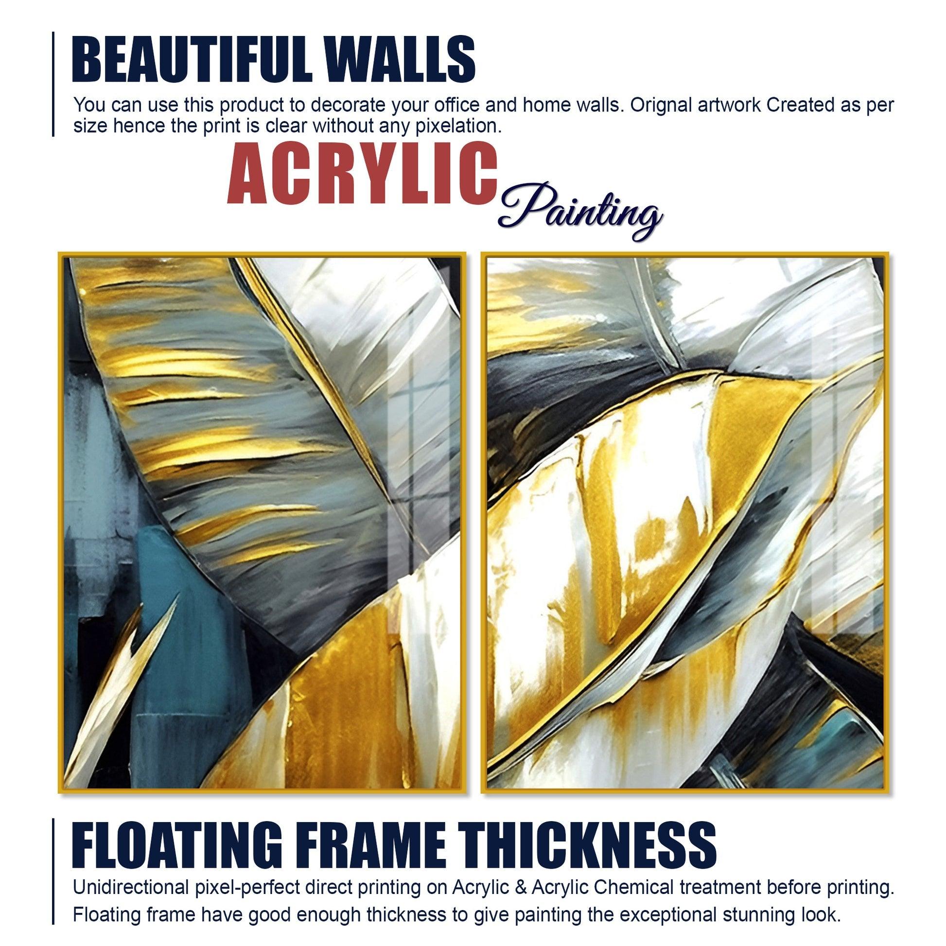Golden Abstract Art Acrylic Floating Wall Painting Set of 2 - Decor Mantra 