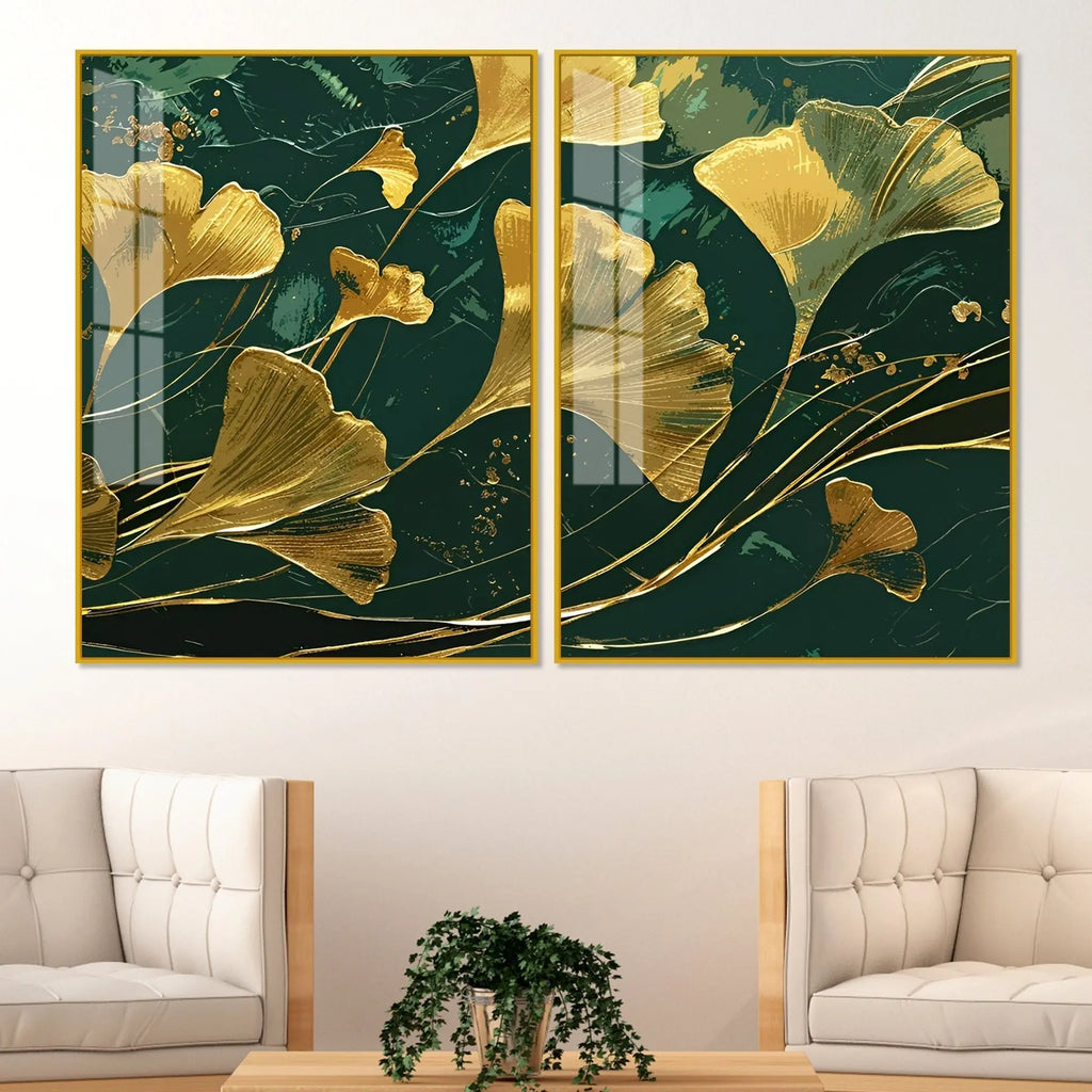 Golden Ginkgo Biloba Leaves Drawn Acrylic Floating Wall Painting Set Of 2 DECORMANTRA