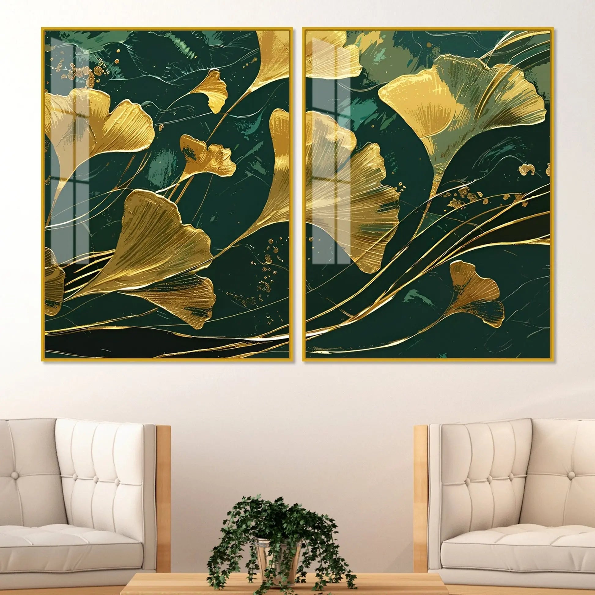 Golden Ginkgo Biloba Leaves Drawn Acrylic Floating Wall Painting Set Of 2 DECORMANTRA