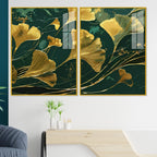 Golden Ginkgo Biloba Leaves Drawn Acrylic Floating Wall Painting Set Of 2 DECORMANTRA