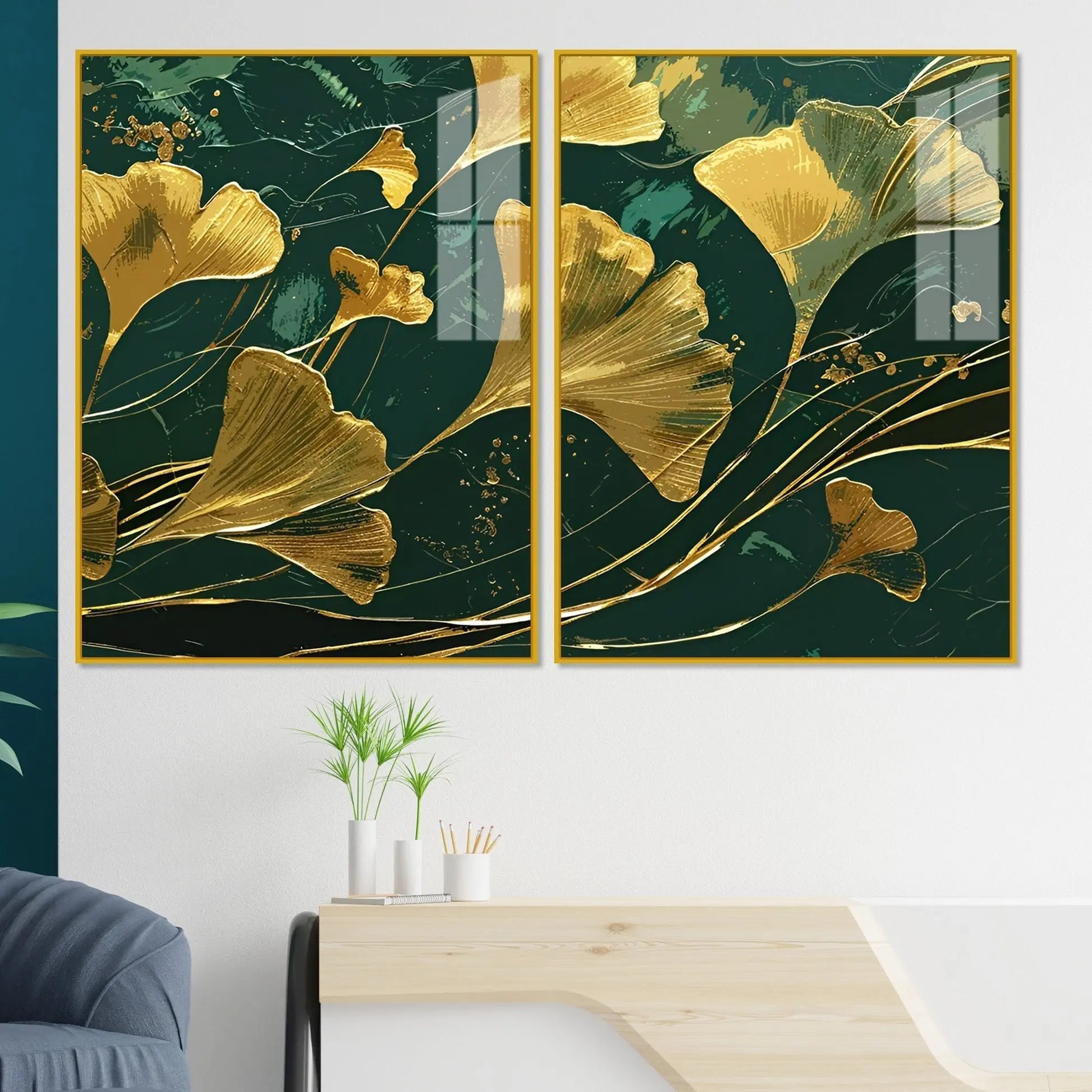 Golden Ginkgo Biloba Leaves Drawn Acrylic Floating Wall Painting Set Of 2 DECORMANTRA
