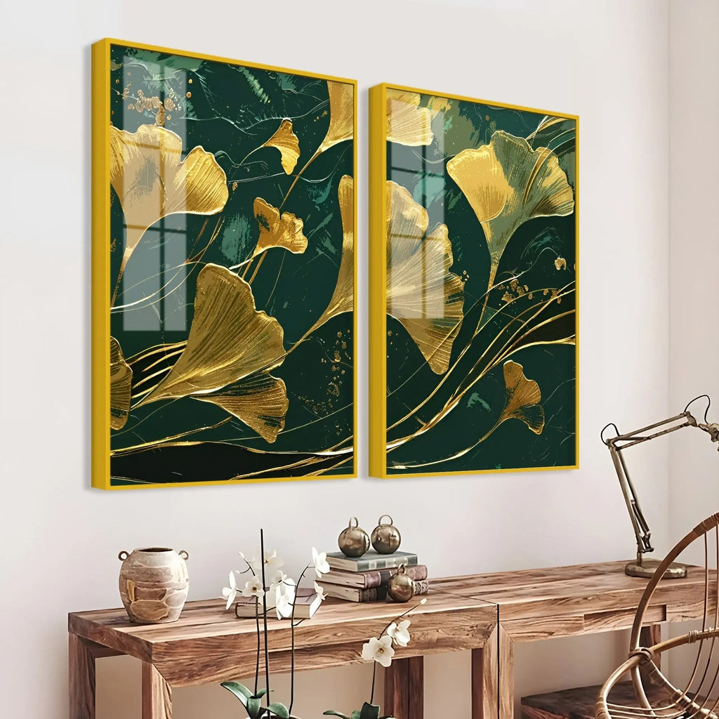Golden Ginkgo Biloba Leaves Drawn Acrylic Floating Wall Painting Set Of 2 DECORMANTRA