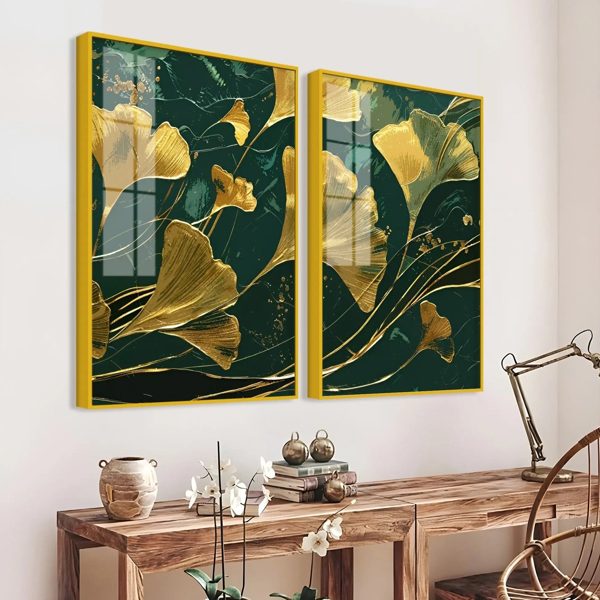 Golden Ginkgo Biloba Leaves Drawn Acrylic Floating Wall Painting Set Of 2 DECORMANTRA