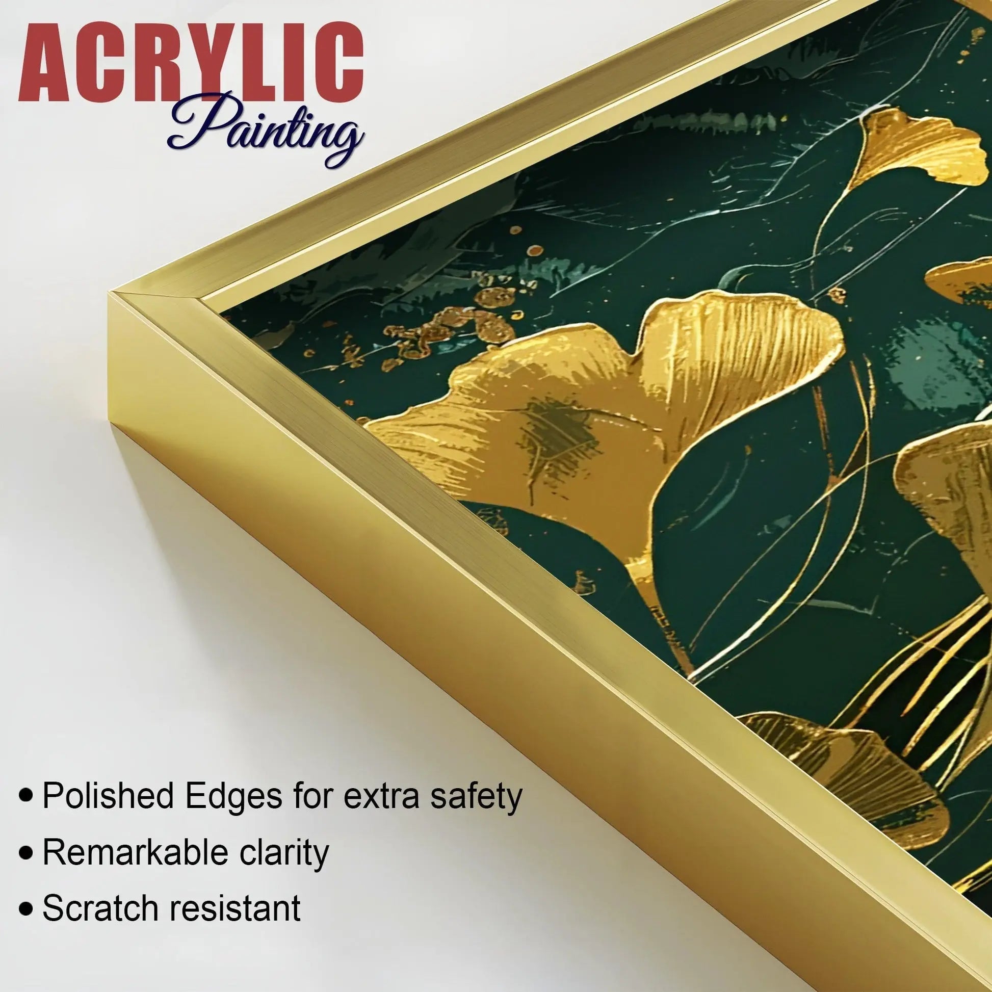 Golden Ginkgo Biloba Leaves Drawn Acrylic Floating Wall Painting Set Of 2 DECORMANTRA