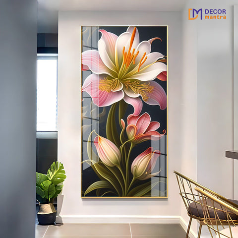 Stunning Large Pink Lily Flower Art in Modern Interior Setting Acrylic Painting