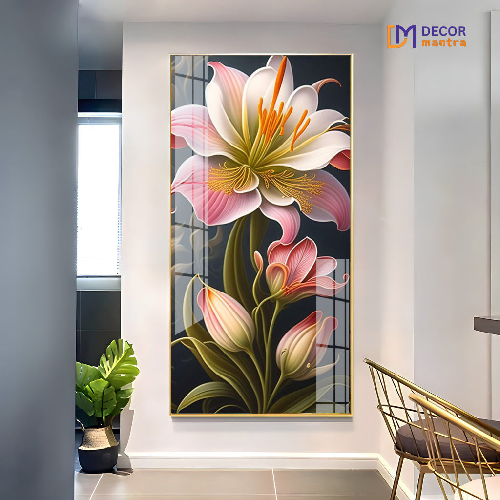 Stunning Large Pink Lily Flower Art in Modern Interior Setting Acrylic Painting