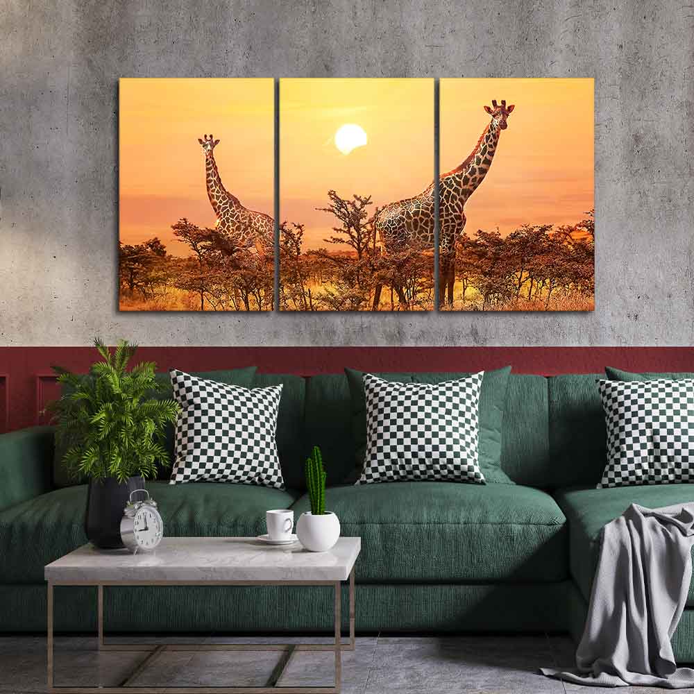 A Beautiful 3 Pieces Wall Painting of Giraffes Sunset in Background DECORMANTRA