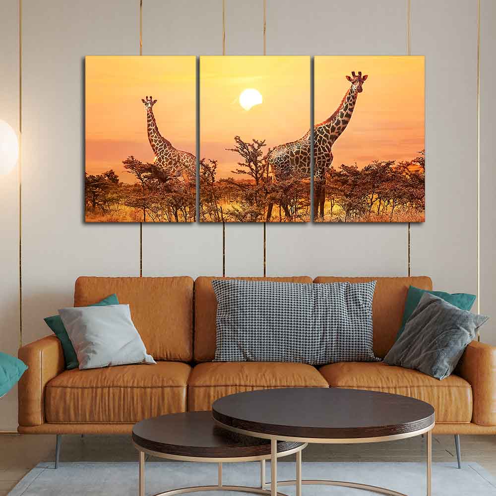 A Beautiful 3 Pieces Wall Painting of Giraffes Sunset in Background DECORMANTRA