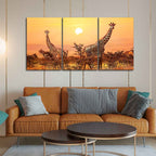 A Beautiful 3 Pieces Wall Painting of Giraffes Sunset in Background DECORMANTRA