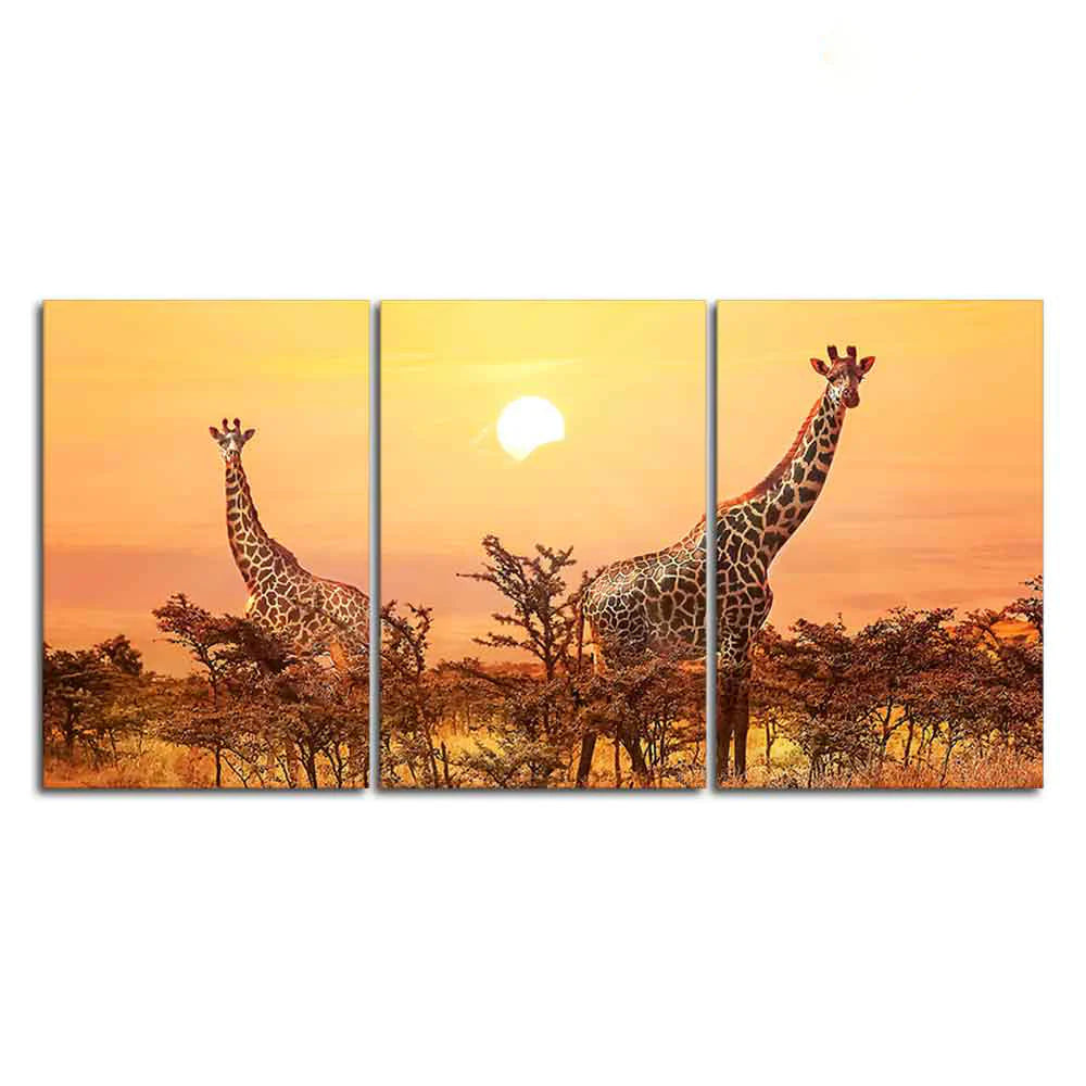 A Beautiful 3 Pieces Wall Painting of Giraffes Sunset in Background DECORMANTRA