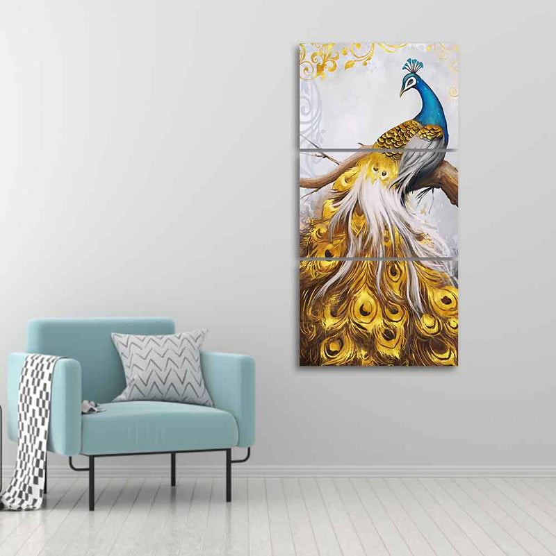 A Beautiful 3 Pieces Wall Painting of Golden Peacock Decor Mantra